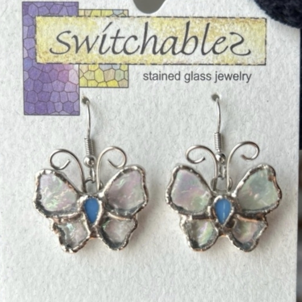 Switchablez Stained Glass Silvertone Butterfly Earrings - Picture 2 of 3